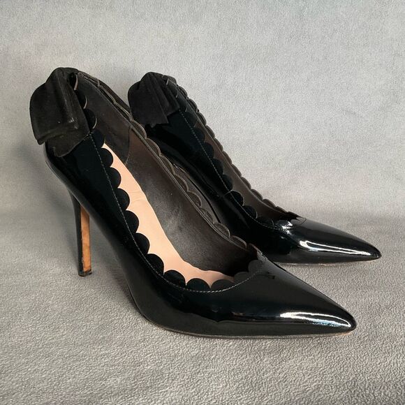 Kate Spade Pointed Heels Maxine Black Patent Leather Scallops Bows Stilettos 10M - Picture 1 of 13